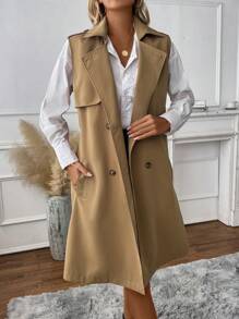 SHEIN LUNE Double Breasted Belted Vest Trench Coat - Khaki - View 4