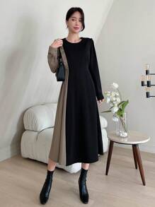DAZY Two Tone Round Neck Dress - Black - View 1