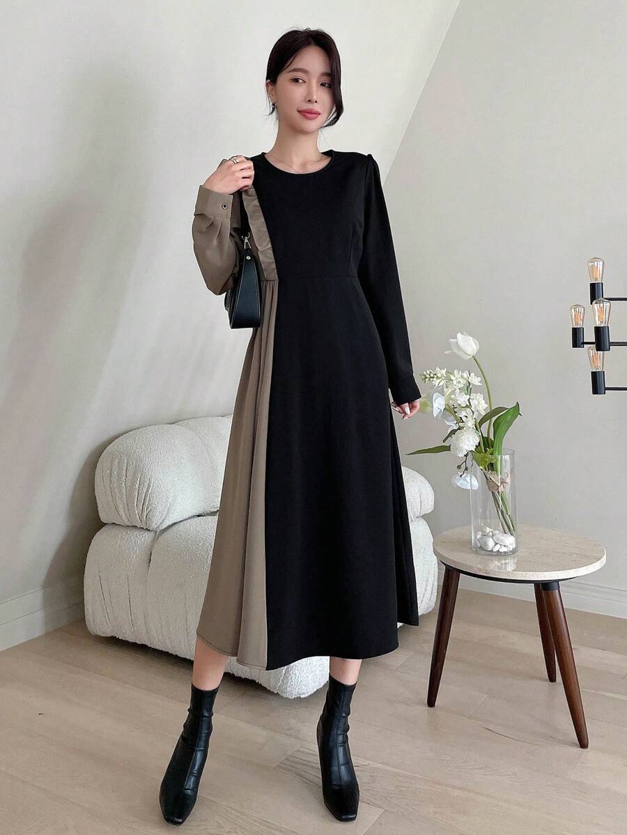 DAZY Two Tone Round Neck Dress - Black - View 1