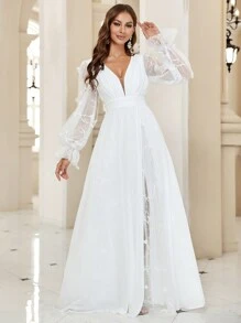 SHEIN Belle Plunging Neck Flare Sleeve Split Thigh Embroidery Mesh Wedding Dress, White Elegant Long Sleeve Bridal Dress, Bridal Shower Dress White Dress
