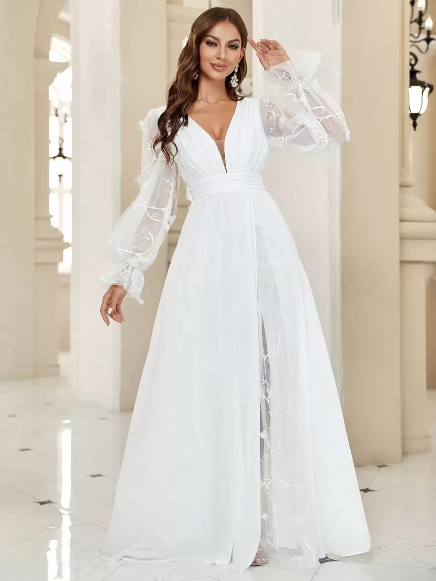 SHEIN Belle Plunging Neck Flare Sleeve Split Thigh Embroidery Mesh Wedding Dress, White Elegant Long Sleeve Bridal Dress, Bridal Shower Dress White Dress