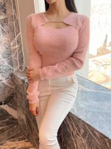 DAZY Cut Out Front Fluffy Knit Sweater,Long Sleeve Tops,Fall Women Clothes - Pink - View 5