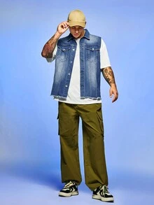 Manfinity Hypemode Men 1pc Flap Pocket Denim Vest Jacket - Medium Wash - View 3