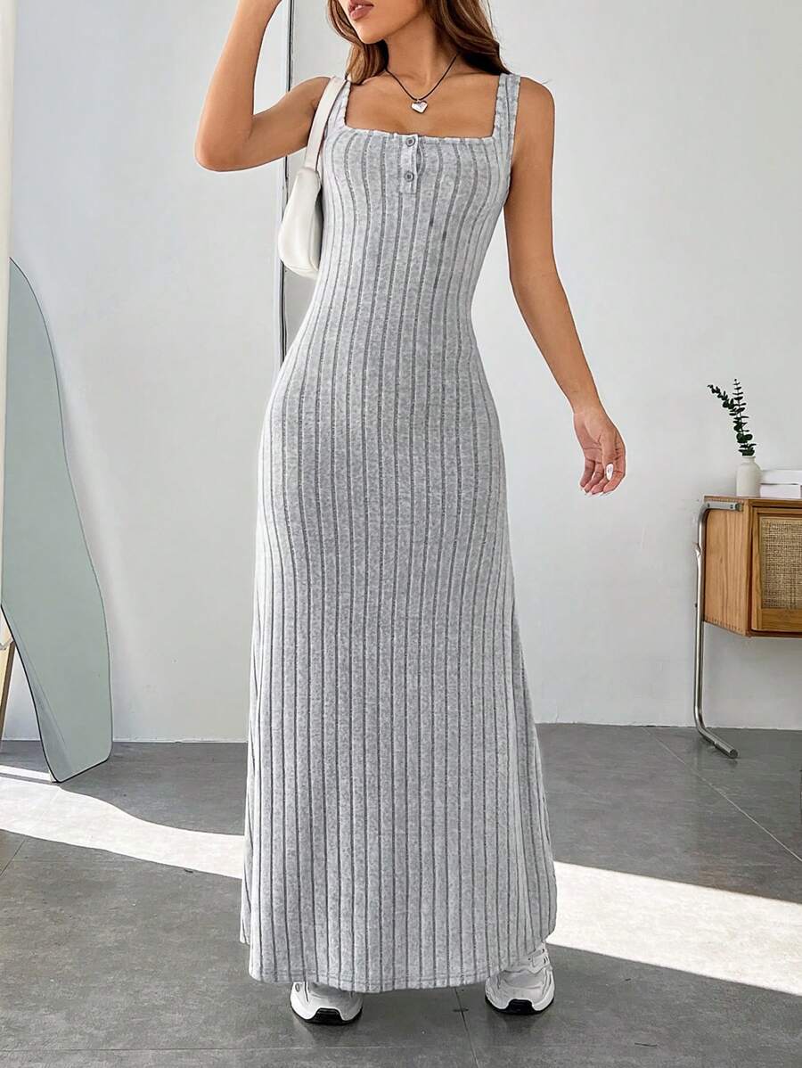 SHEIN EZwear Solid Ribbed Knit Cami Dress - Light Grey - View 1