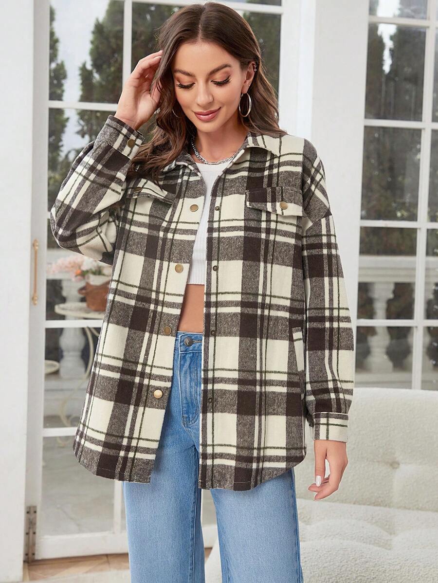 Chiquease Pocket Front Plaid Print Drop Shoulder Overcoat Fall Cloth For Women - Mocha Brown - View 1
