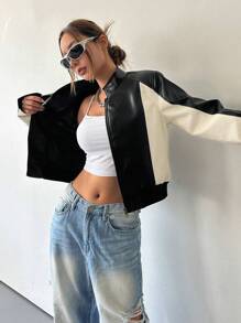 DAZY 兩色調拉鍊短款拼接立體塑形上衣 - 黑與白 - 查看 5