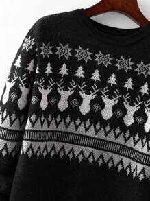 男士小鹿&幾何圖案套頭毛衣 - 黑色 - 查看 3