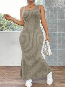 Flirla Plus Ribbed Knit Mermaid Hem Tank Dress - Brown - View 7