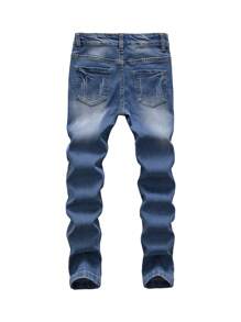 SHEIN Explorewe TWEEN BOY All-Match Casual Modern Street College Style Whisker Craft Elastic Jeans With Adjustable Drawstring Waistband & 5 Pockets, Year-Round Essential Fashionable Denim Item Summer Holiday