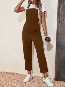 SHEIN Essnce Solid Slant Pocket Overall Jumpsuit Without Tee - Brown - View 4