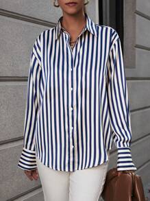 SHEIN Clasi Striped Print Drop Shoulder Shirt - Blue and White - View 7