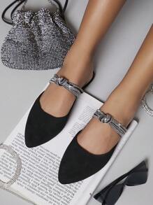 Faux Suede Rhinestone Decor Flat Mules - Black - View 5