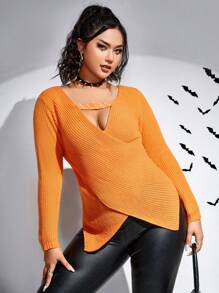 Flirla 万圣节镂空交叉不对称下摆针织套头衫秋冬毛衣 - 橘色 - 查看 5