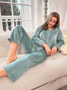 落肩纽扣前开襟家居服套装，秋冬服装，舒适套装，蓬松柔软 - 綠色 - 查看 5