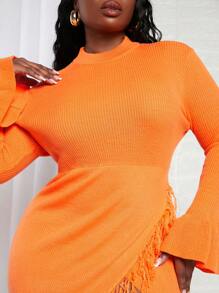 Slaydiva Plus Flare Sleeve Fringe Trim Wrap Hem Sweater Dress - Orange - View 3