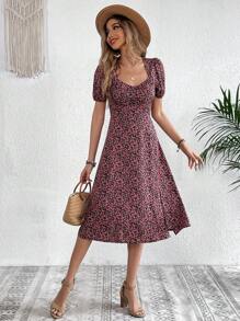 SHEIN VCAY In hoa Ditsy Tách đùi Đầm - màu đen - Xem 5