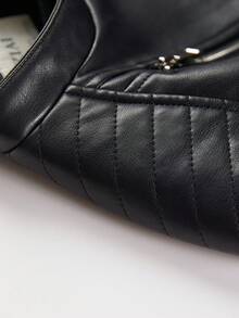 Zip Up PU Leather Moto Jacket - Black - View 6