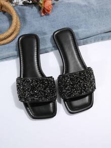 Sandalias Planas Para Mujer En Tallas Grandes, Chanclas De Playa De Verano Con Decoración De Diamantes De Imitación - Negro - Ver 8