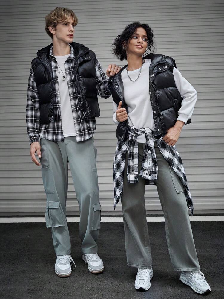 1pc Zipper Closure Hooded Ultra-Loose Fit Sleeveless Padded Coat, For Fall Winter