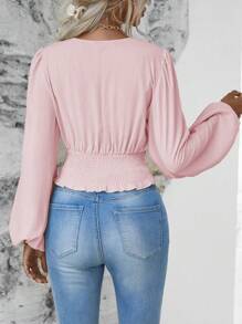 EMERY ROSE Women's Solid Color Overlap V-Neck Lantern Sleeve Pleated Fashion Blouse - Pink - View 2