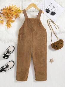 SHEIN 女小童卡通刺繡3D耳朵設計絨毛背帶連身褲不帶T恤 - 棕色 - 查看 3