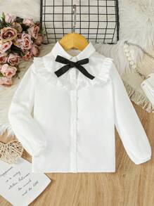 女小童荷葉邊前蝴蝶結襯衫 - 白色 - 查看 1