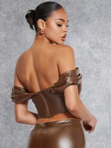 SHEIN BAE Off Shoulder PU Leather Crop Top - Mocha Brown - View 2