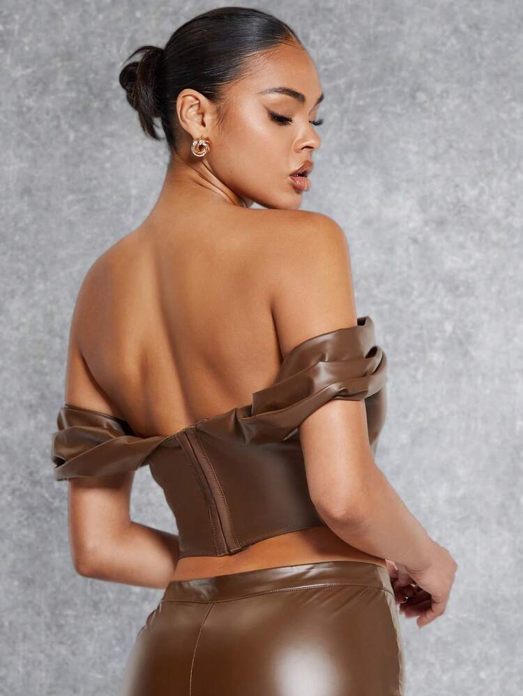 Off Shoulder PU Leather Crop Top