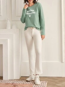 SHEIN Frenchy 字母圖案T恤 - 薄荷綠 - 查看 4