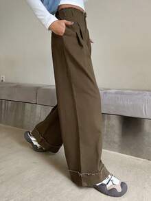 DAZY 毛邊緣闊腿褲 - 棕色 - 查看 8