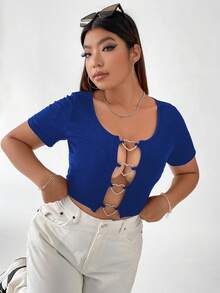 SHEIN ICON Plus Heart Ring Linked Crop Tee - Blue - View 7