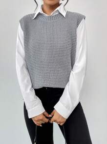 SHEIN Essnce Chất rắn Bên cạnh nút Áo len vest Không có áo lót - Xám - Xem 4