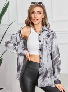 SHEIN Unity Tie Dye Drop Shoulder Button Front Coat - Grey - View 5