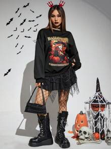 PUNK Halloween Print Drop Shoulder Sweatshirt - Black - View 4