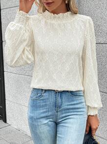 SHEIN Frenchy Frill Trim Lantern Sleeve Blouse Elegant - Apricot - View 5