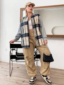 Flirla Plus Plaid Print Drawstring Hooded Coat - Multicolor - View 5