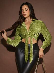 SHEIN SXY Tie Front Crop Shirt - Green - View 5