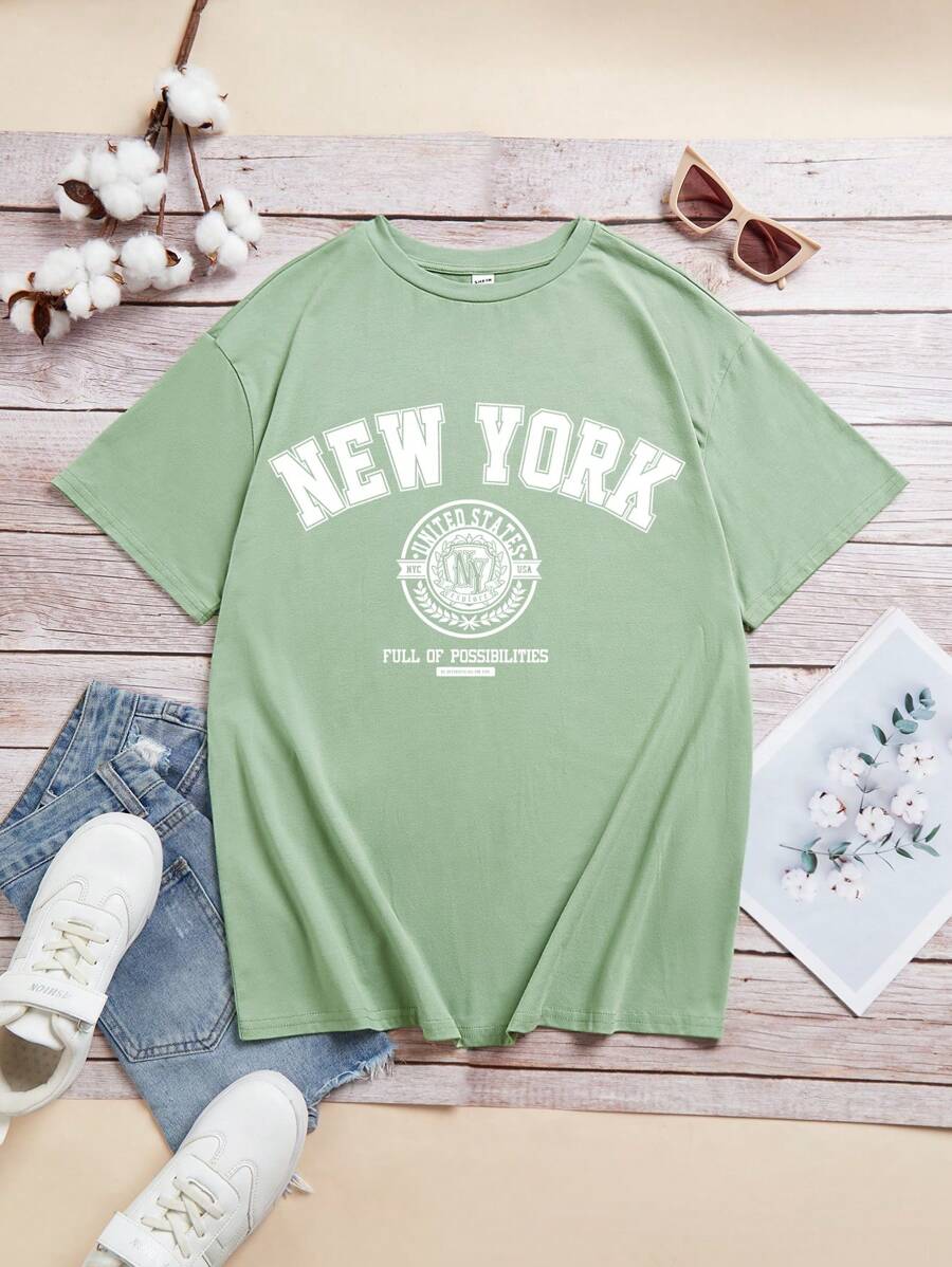 Teen Girl's Letter Printed T-Shirt Suitable For Summer Daily Wear - Mint Green - View 1