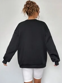 SHEIN EZwear Letter & Guitar Print Drop Shoulder Oversize Sweatshirt - Black - View 3