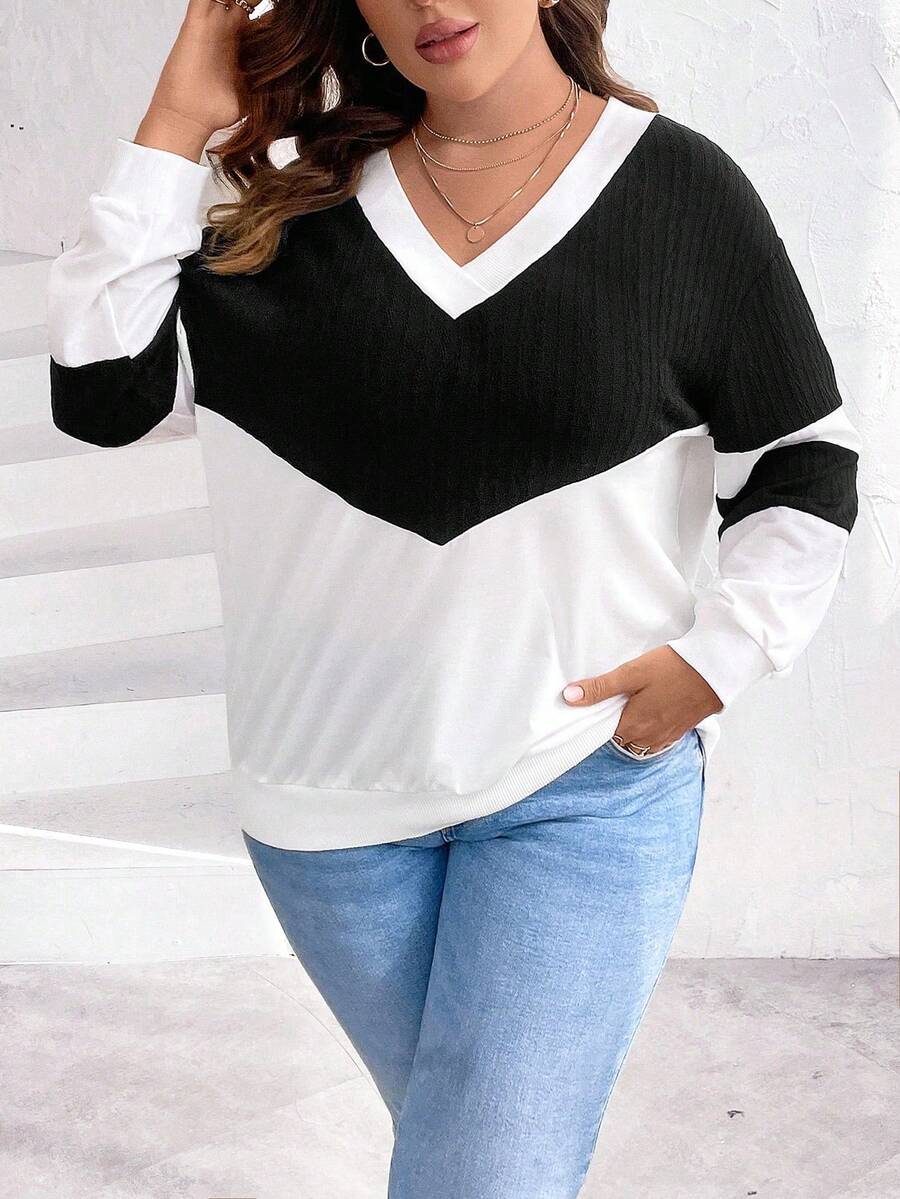 SHEIN LUNE Áo nỉ Plus Size Khối Màu Giải trí - Đen và trắng - Xem 1