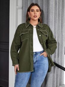 SHEIN Privé Hơn Chi tiết đáng kinh ngạc Cắt Thô Thả vai Áo khoác denim - xanh quân đội - Xem 3