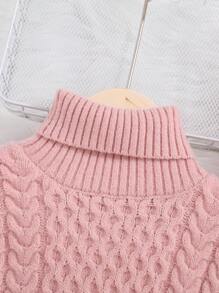 SHEIN Tween Girl Cable Knit Turtleneck Sweater,In Fall/Winter - Baby Pink - View 4
