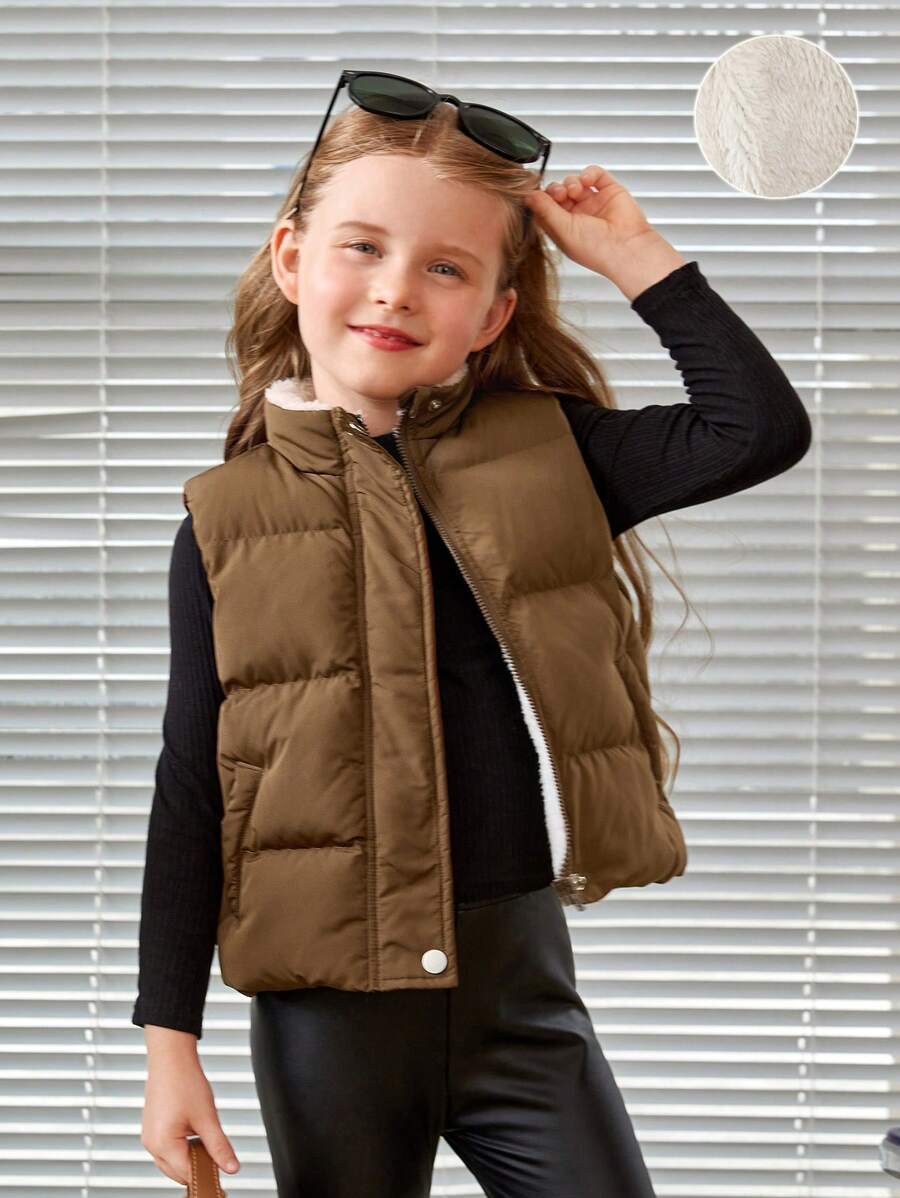 SHEIN Áo khoác đệm có khóa kéo phía trước cho bé gái - Cà phê nâu - Xem 1