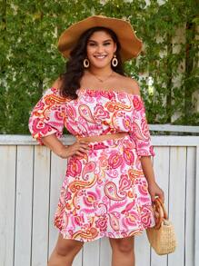 SHEIN VCAY 大碼佩斯利印花露肩短款上衣和荷葉邊下擺半身裙 - 彩色 - 查看 3