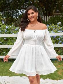 SHEIN VCAY Cộng với váy phía trước có nút thắt trễ vai của Thụy Sĩ - trắng - Xem 3