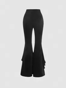 SHEIN MOD Black Date Night Romantic Contrast Lace Ruffle Trim Velvet Flare Leg Pants