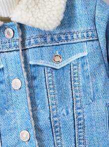 SHEIN Young Girl 1pc Borg Collar Teddy Lined Jacket - Light Wash - View 4