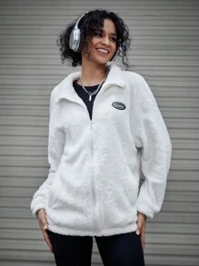 SWAVVY 1pc Loose Fit Teddy Jacket With Letter Patches And Drop Shoulder Design - White - View 7