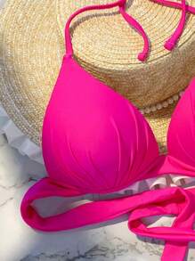 Swim Vcay 後綁帶吊脖提臀比基尼泳裝上衣 - 玫紅色 - 查看 3