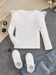 SHEIN Young Girl Contrast Mesh Ruffle Trim Ribbed Knit Tee